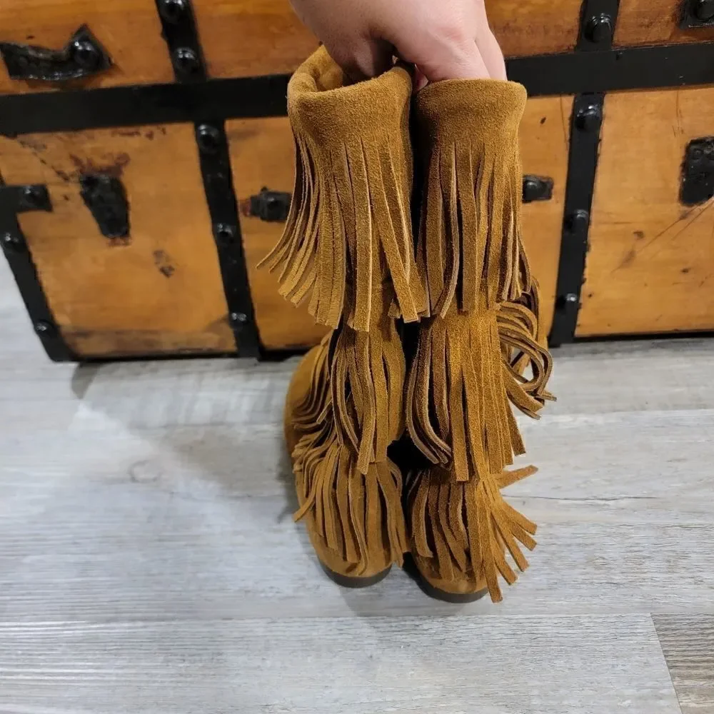 Minnetonka 1638 Calf Hi 3-Layer Fringe Brown Boots size 6